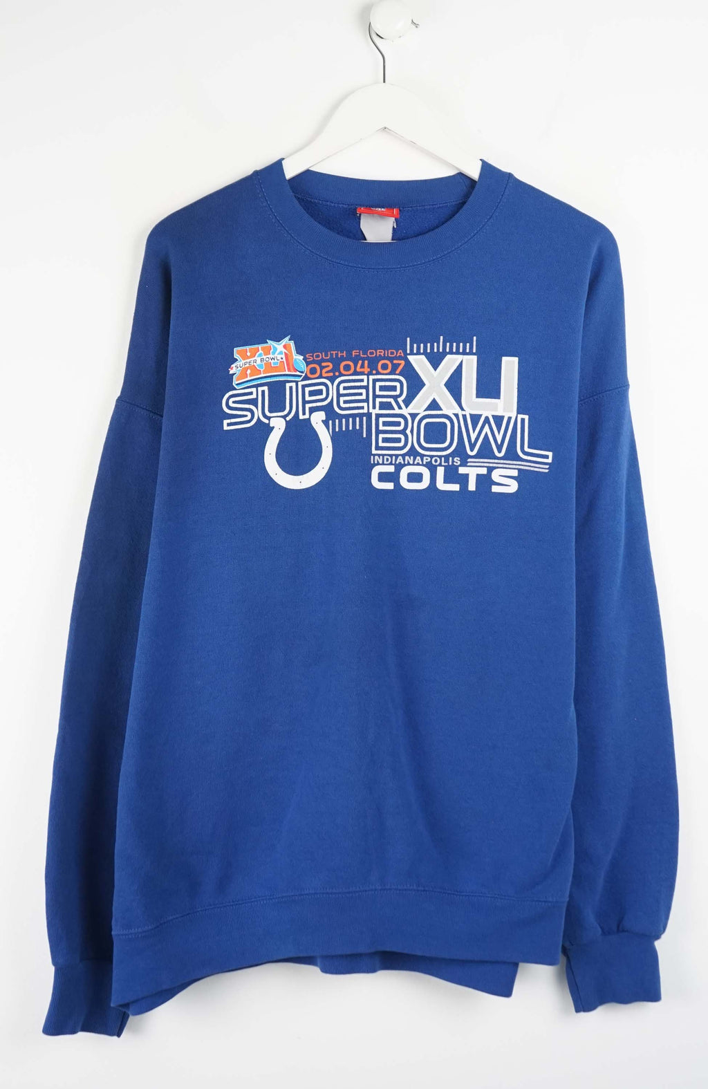 Blue sweatshirt with Super Bowl XLVII Colts text and logo on a white background