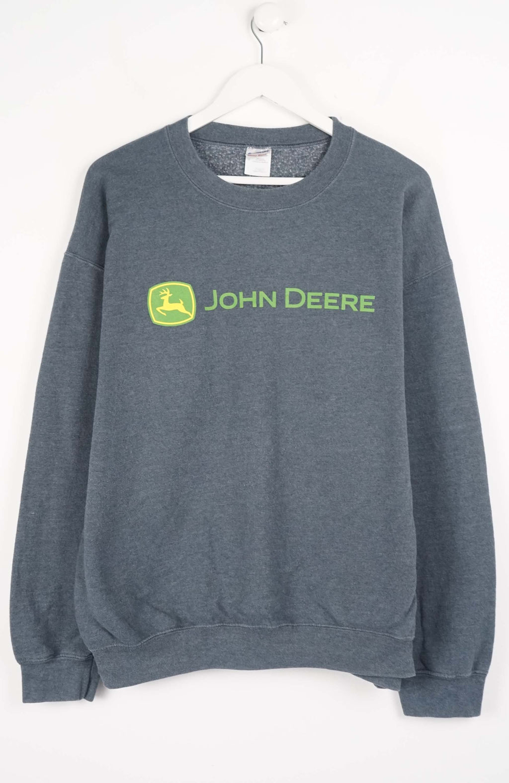 Gray sweatshirt with John Deere logo on a white background