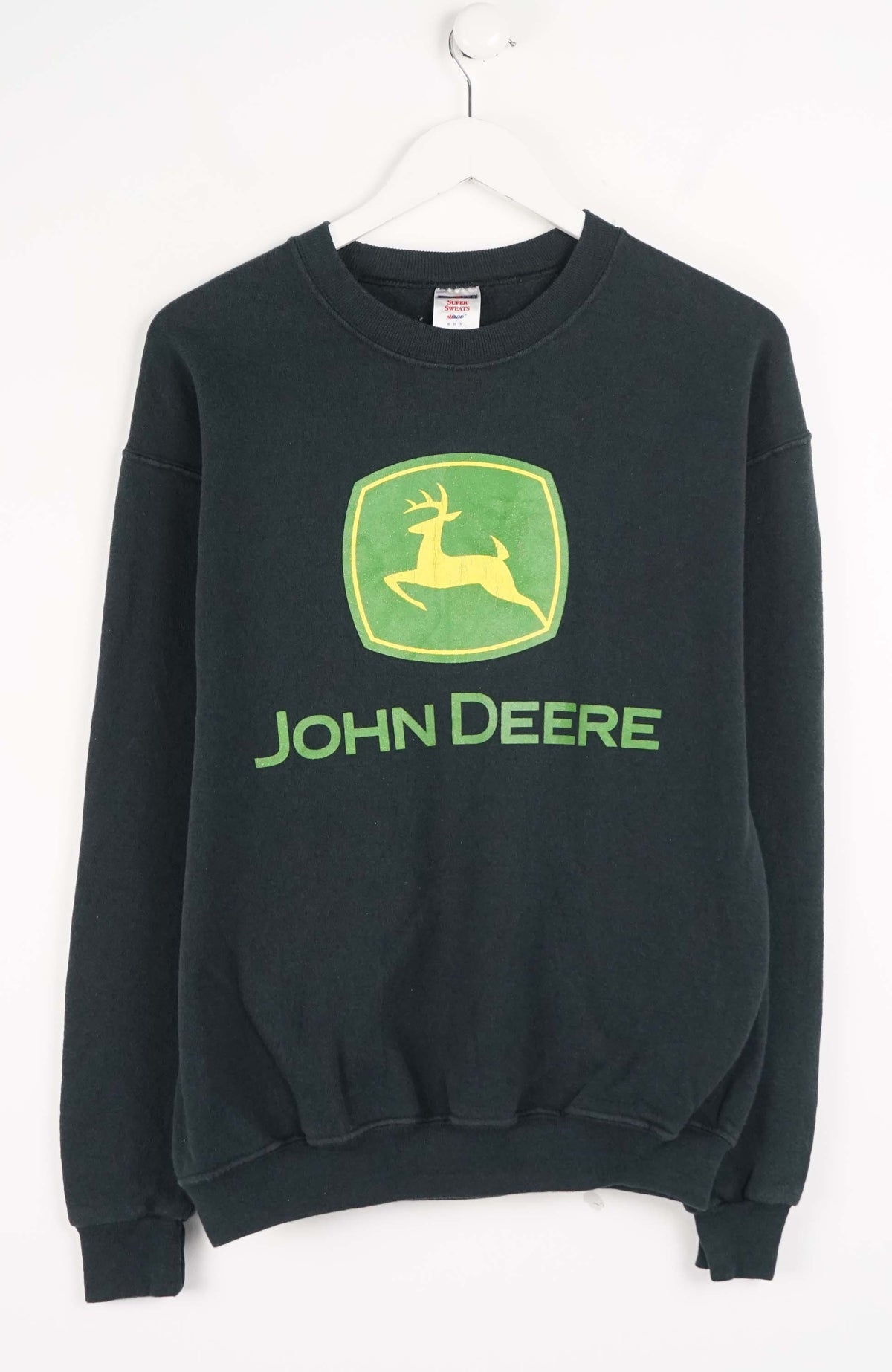 Black sweatshirt with John Deere logo on a white background