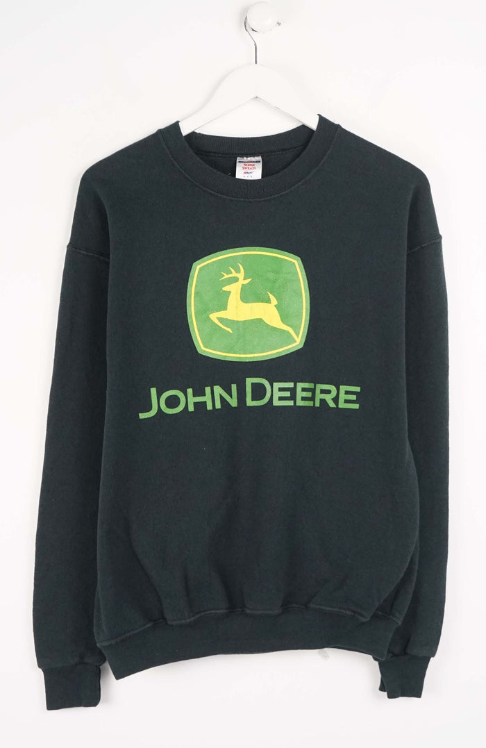 Black sweatshirt with John Deere logo on a white background