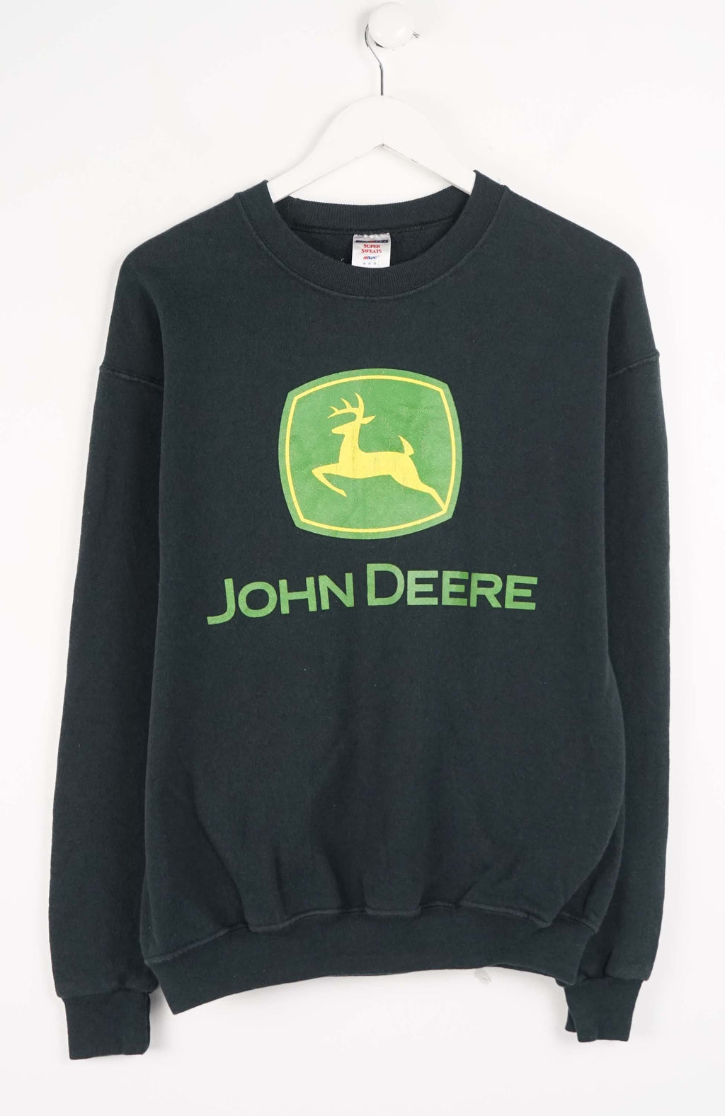 Black sweatshirt with John Deere logo on a white background