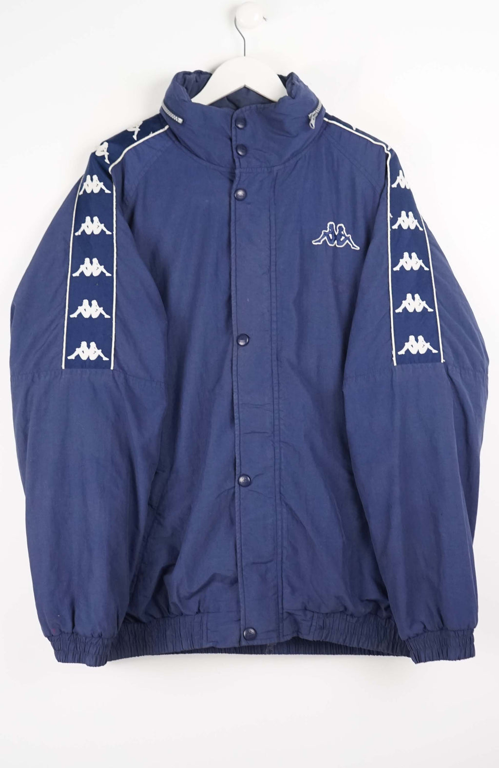 Blue jacket with white logo patterns on a white background