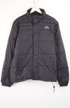 Black puffer jacket with a brand logo on a white background