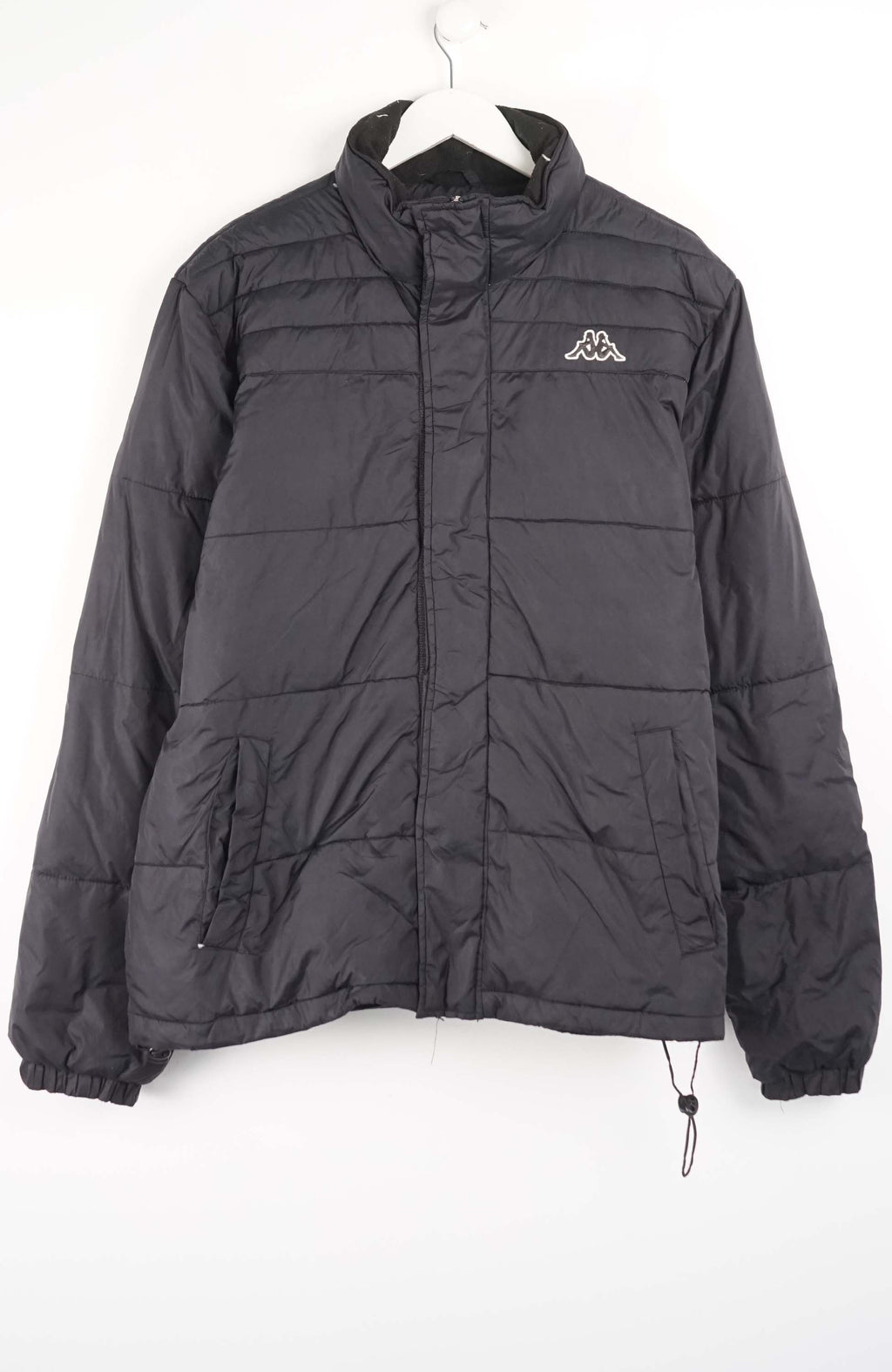 Black puffer jacket with a brand logo on a white background