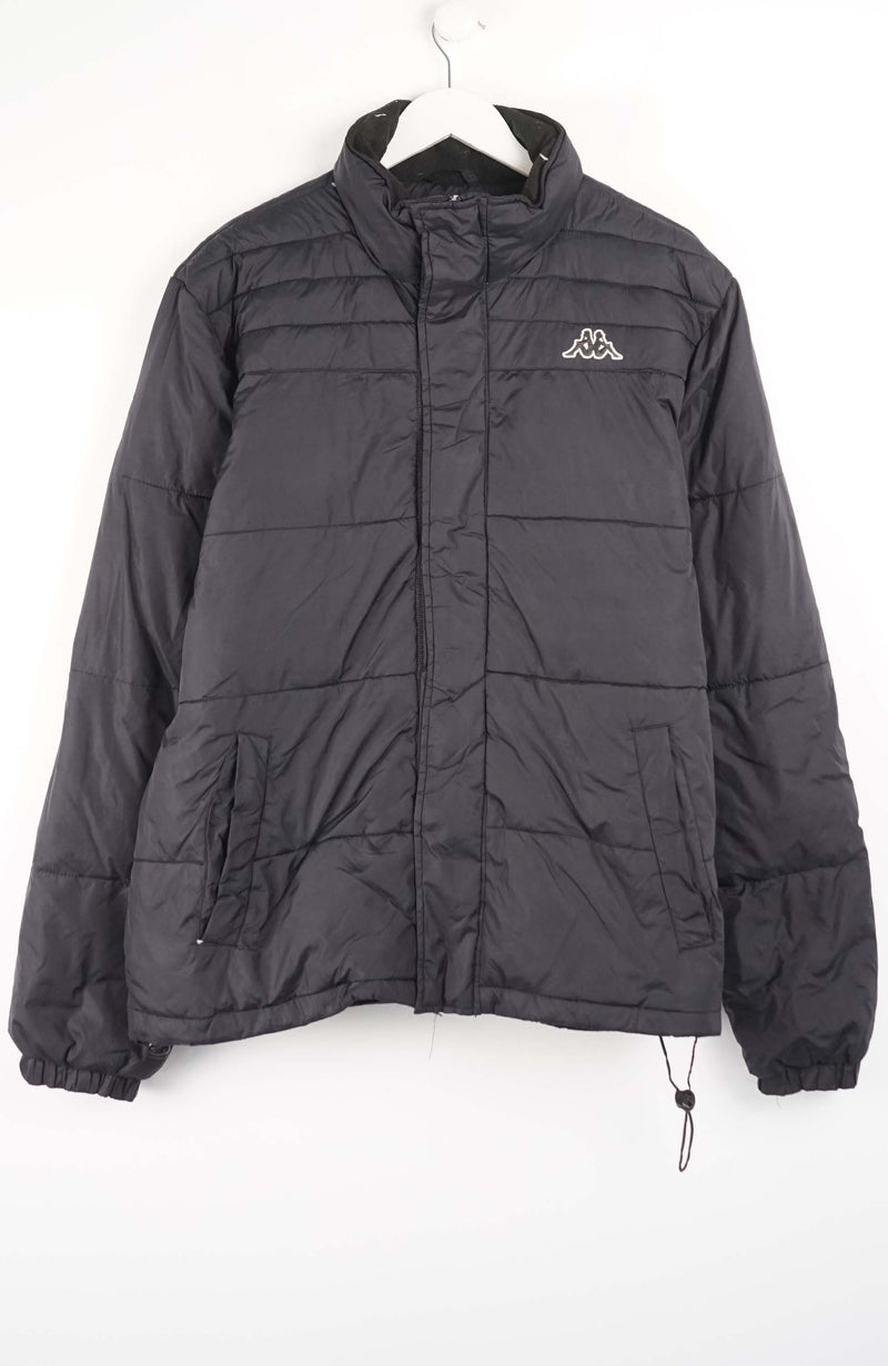 Black puffer jacket with a brand logo on a white background