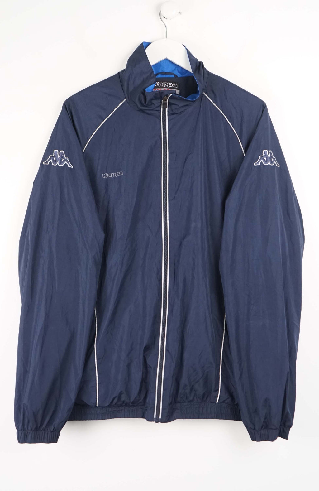 Navy blue jacket with white accents on a white background