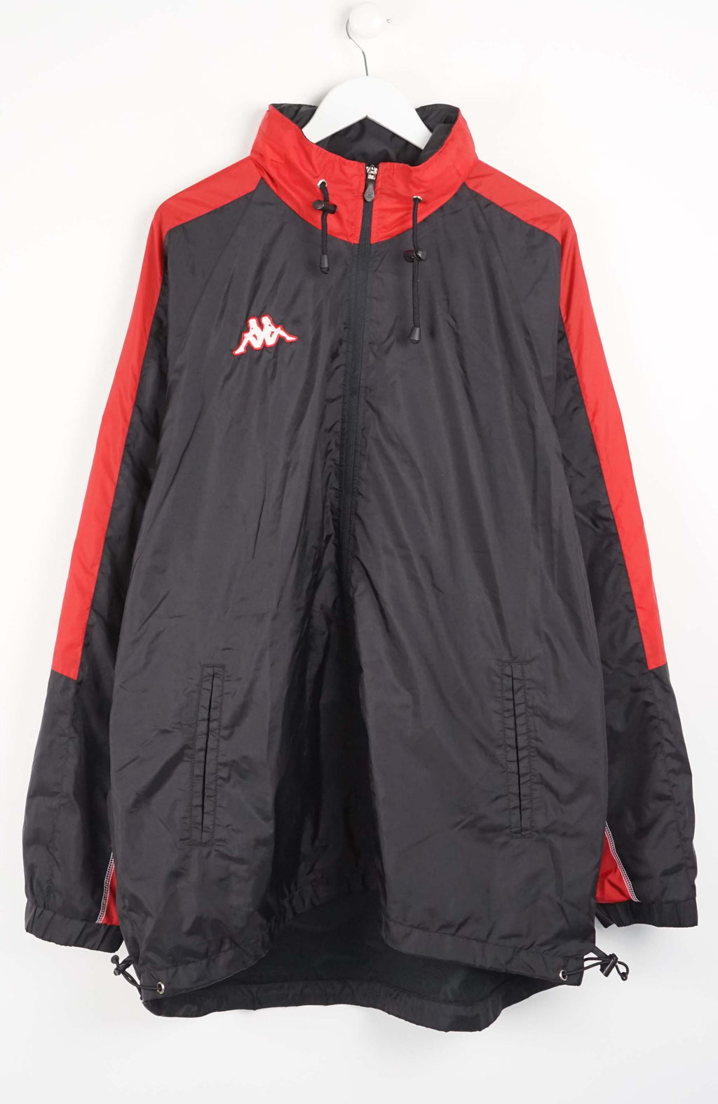 Black and red jacket with a logo on a white background