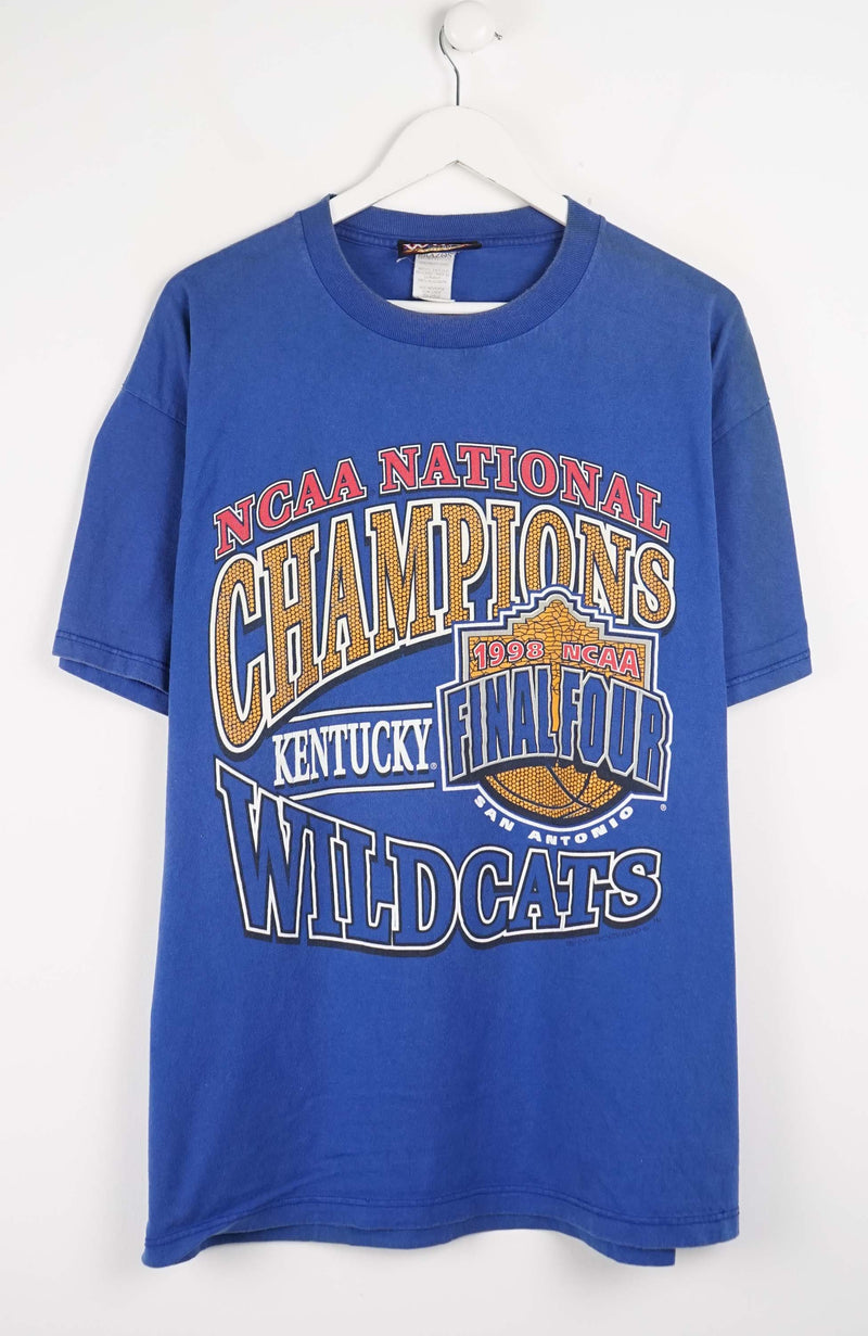 Blue t-shirt with 'NCAA National Champions Kentucky Wildcats' text on a white background