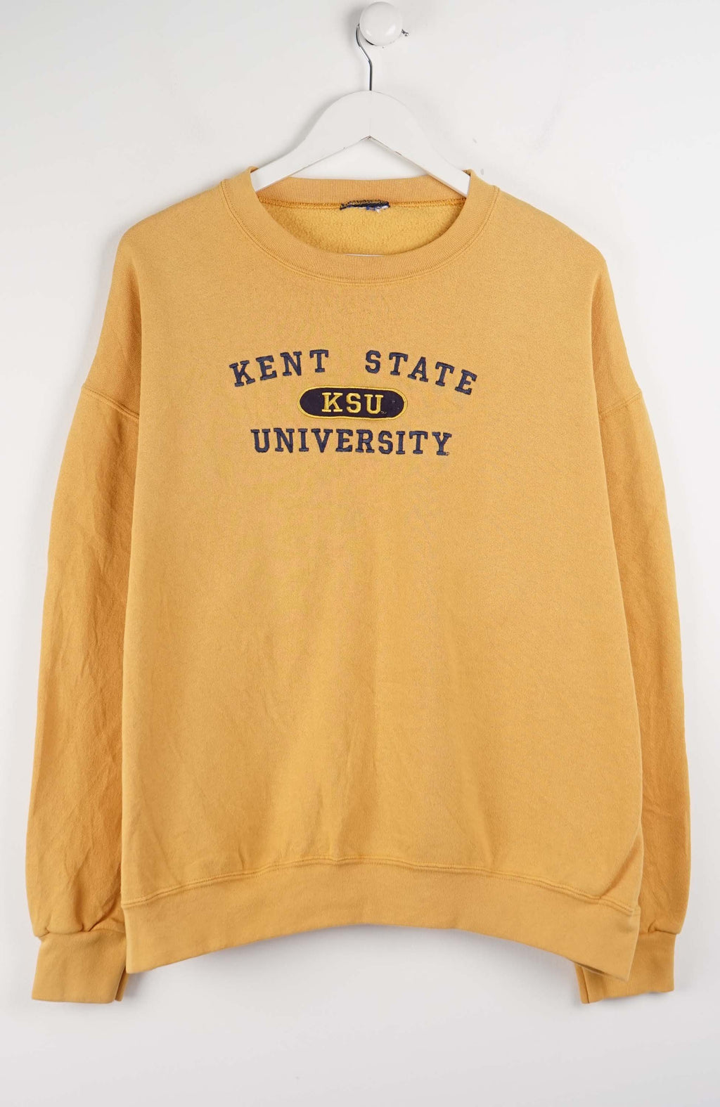 Mustard yellow sweatshirt with 'Kent State University' text on a white background