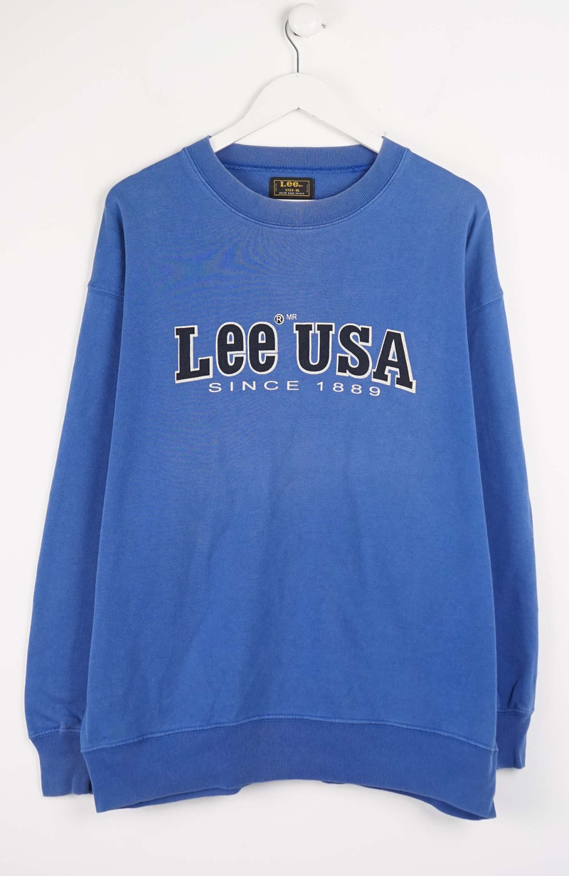 Blue sweatshirt with 'Lee USA Since 1886' text on a white background