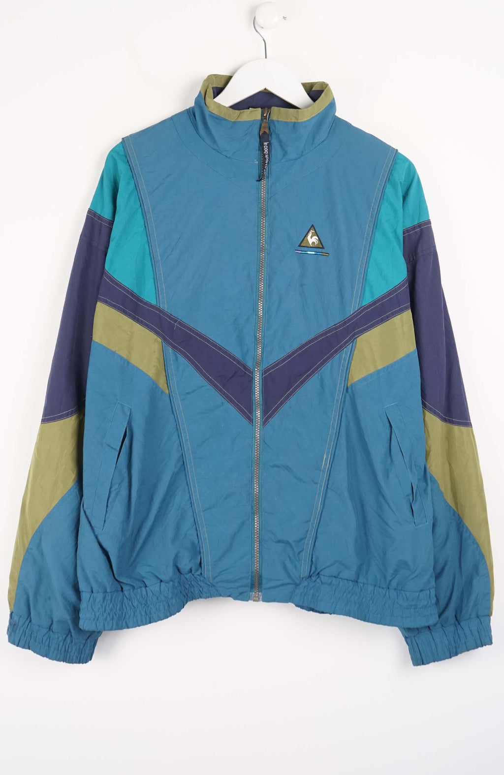 Color-blocked jacket with a logo on a white background