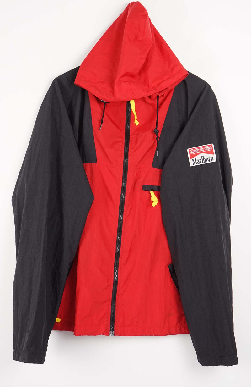 Red and black jacket with a hood on a white background