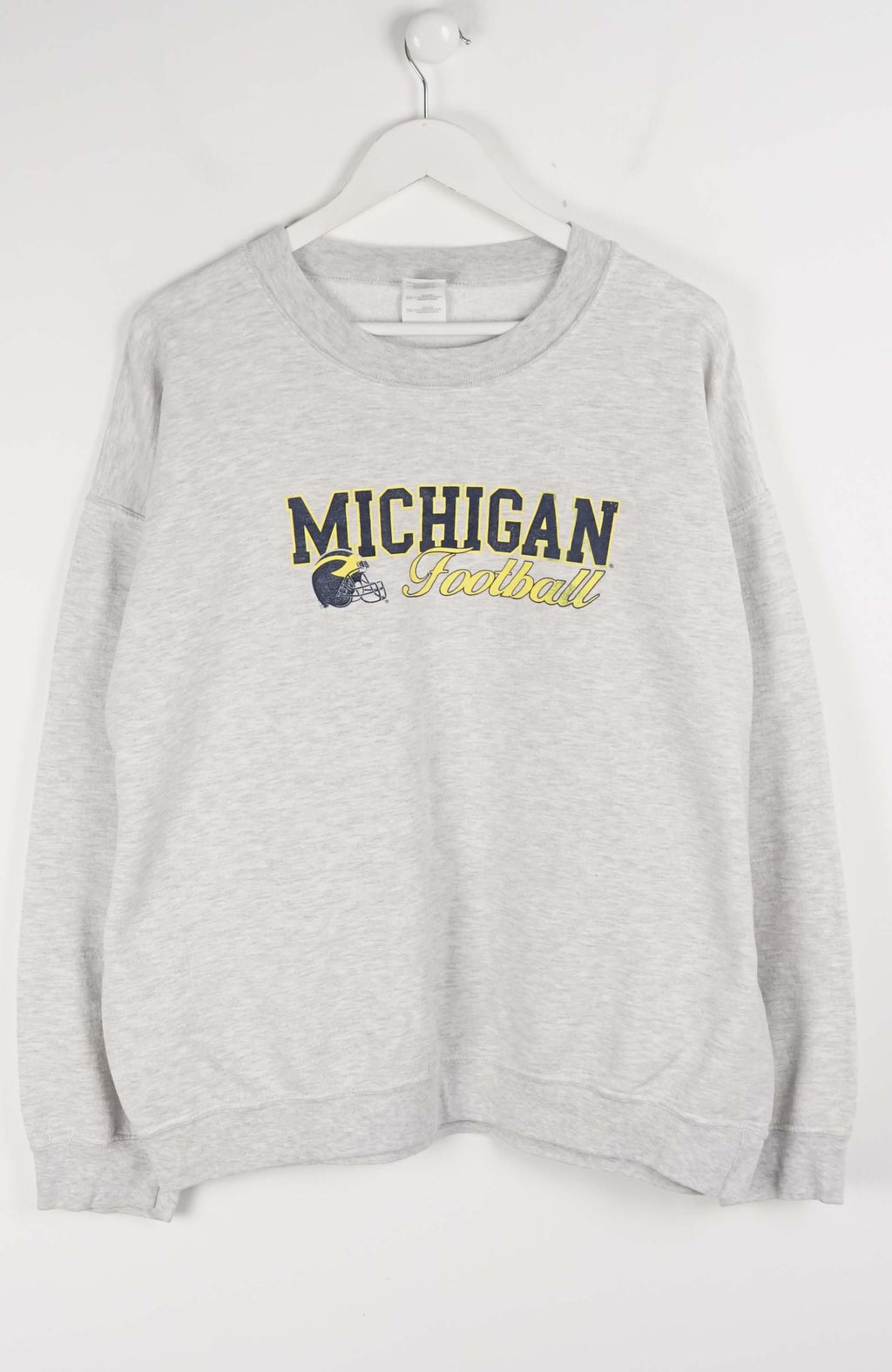 Gray sweatshirt with 'Michigan Football' text on a white background