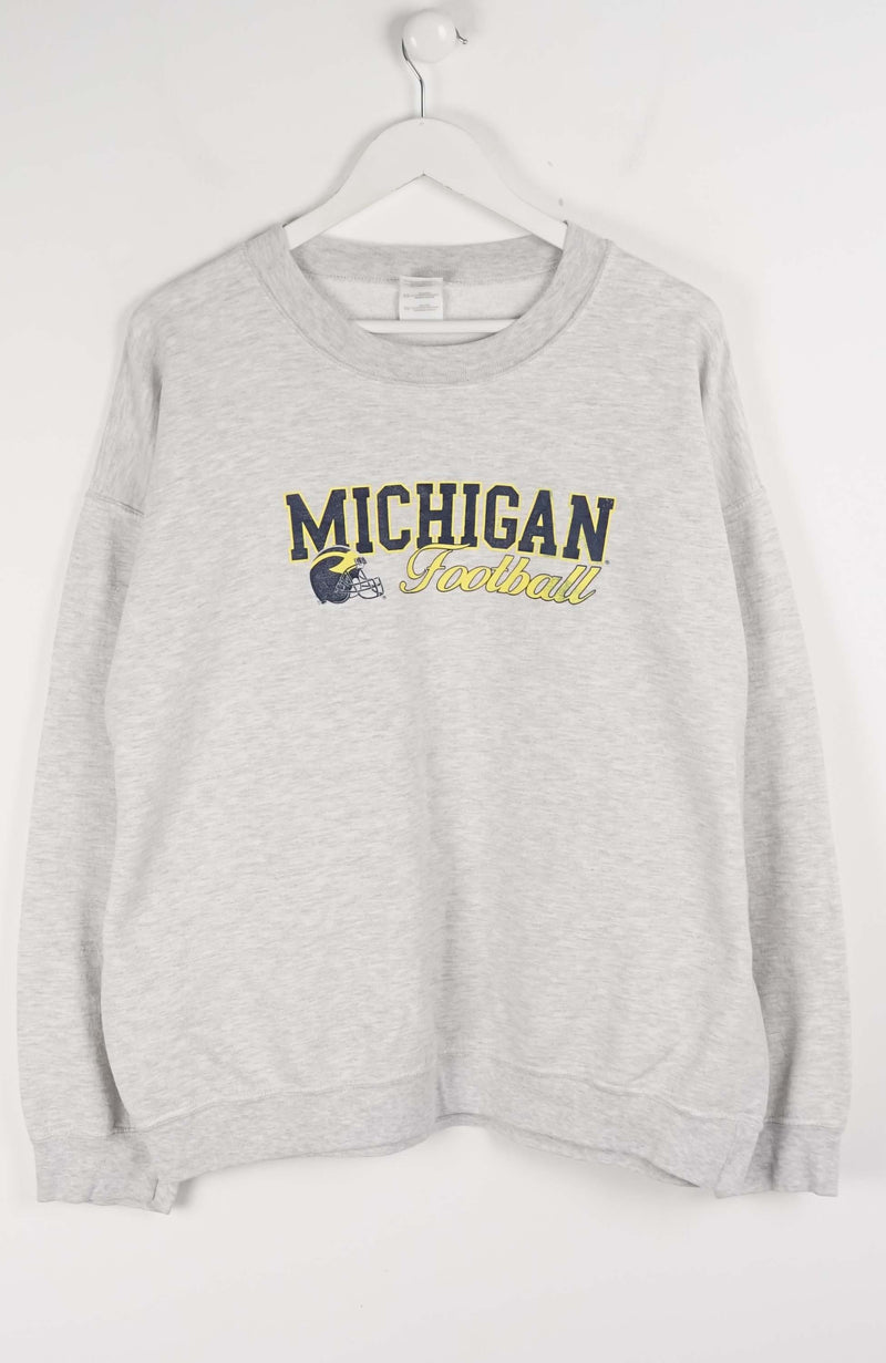 Gray sweatshirt with 'Michigan Football' text on a white background