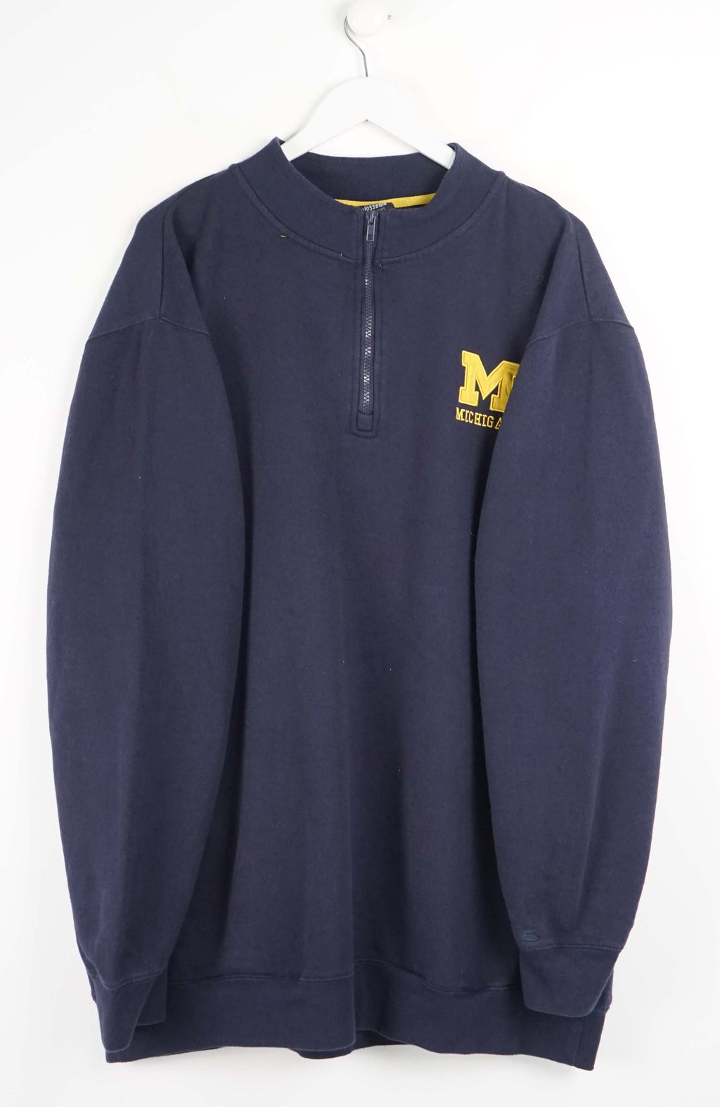 Navy blue sweatshirt with a yellow logo on a white background