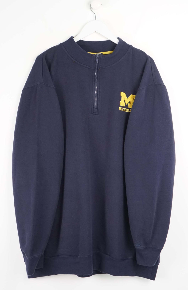 Navy blue sweatshirt with a yellow logo on a white background