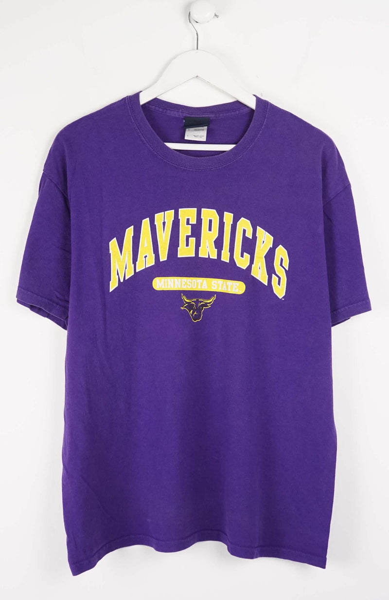 Purple t-shirt with 'Mavericks' text and logo on a white background