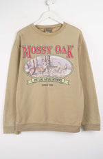 Beige sweatshirt with 'Mossy Oak' logo on a white background