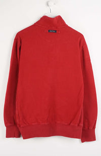 Red sweatshirt with a brand logo on a white background