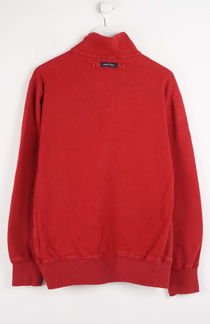 Red sweatshirt with a brand logo on a white background