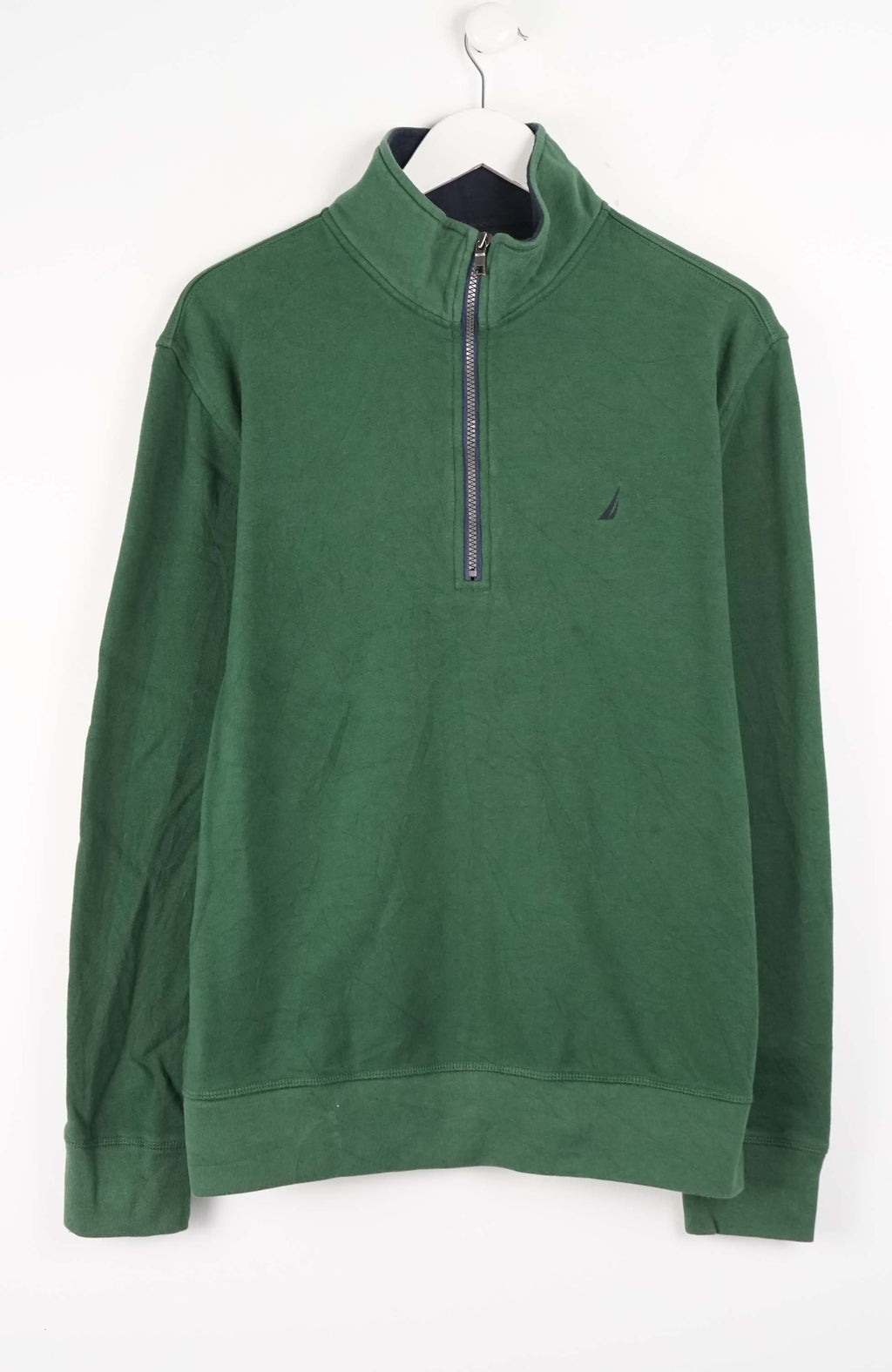 Green pullover with a small logo on a white background