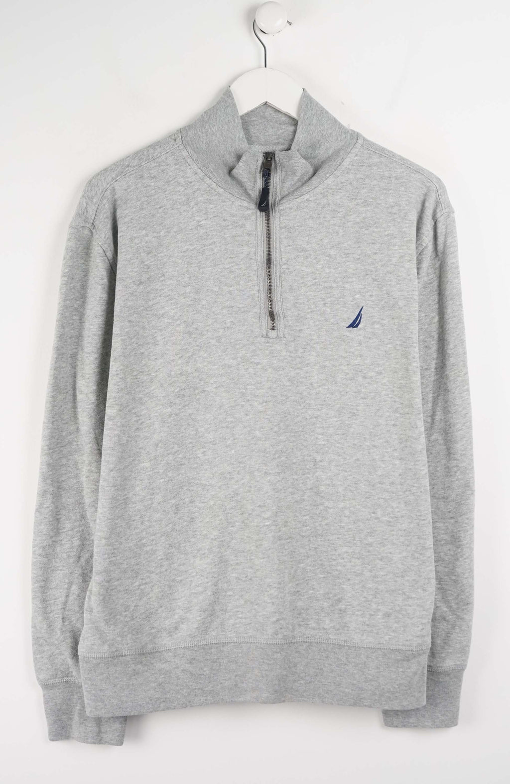 Gray sweatshirt with a small logo on a white background