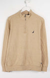 Beige pullover with a small logo on a white background