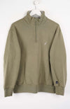 Green half-zip sweatshirt on a white hanger against a white background