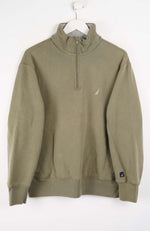 Green half-zip sweatshirt on a white hanger against a white background
