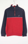 Navy and red pullover with a brand logo on a white background