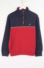 Navy and red pullover with a brand logo on a white background