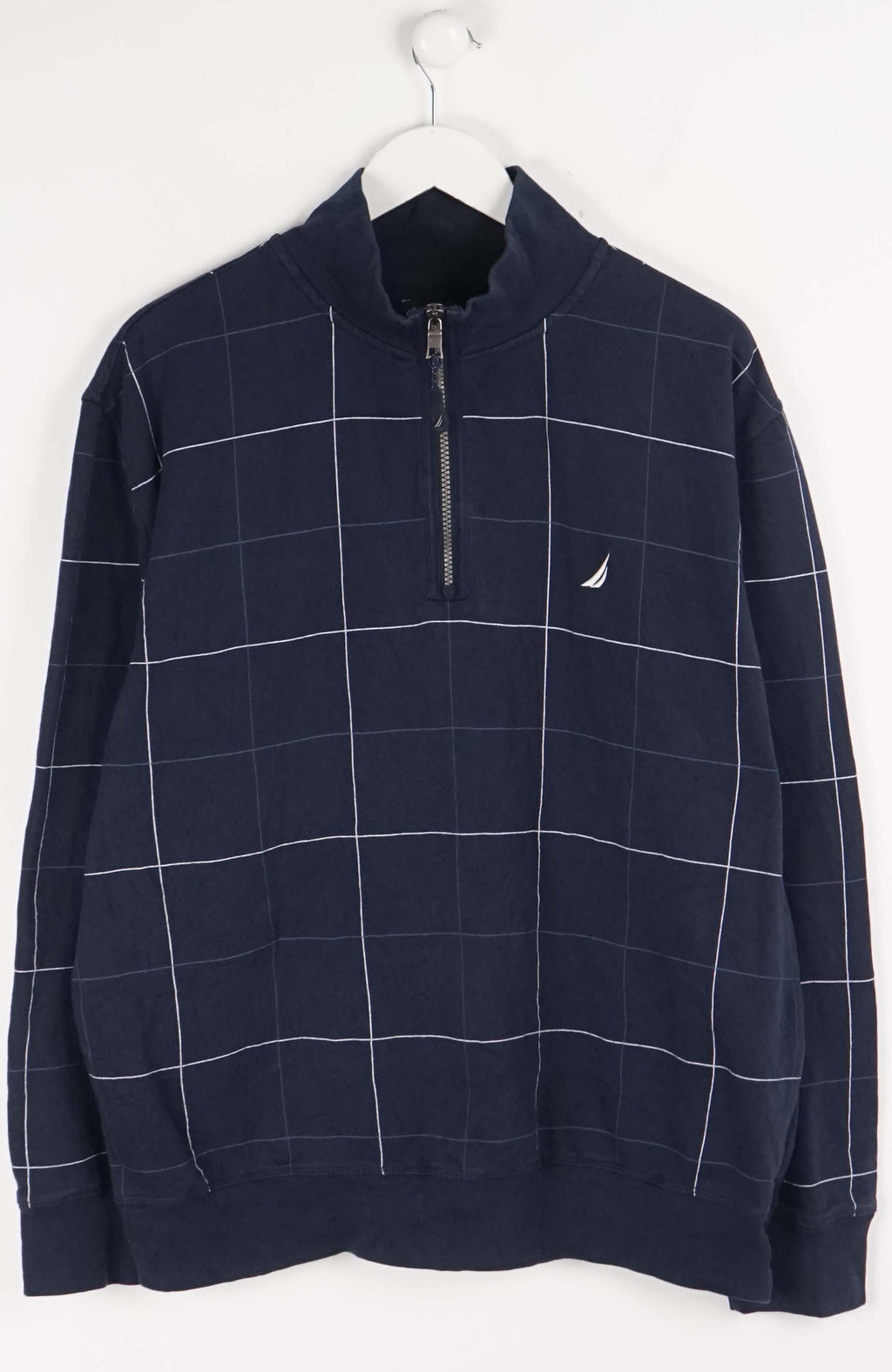 Navy checkered pullover with a brand logo on a white background