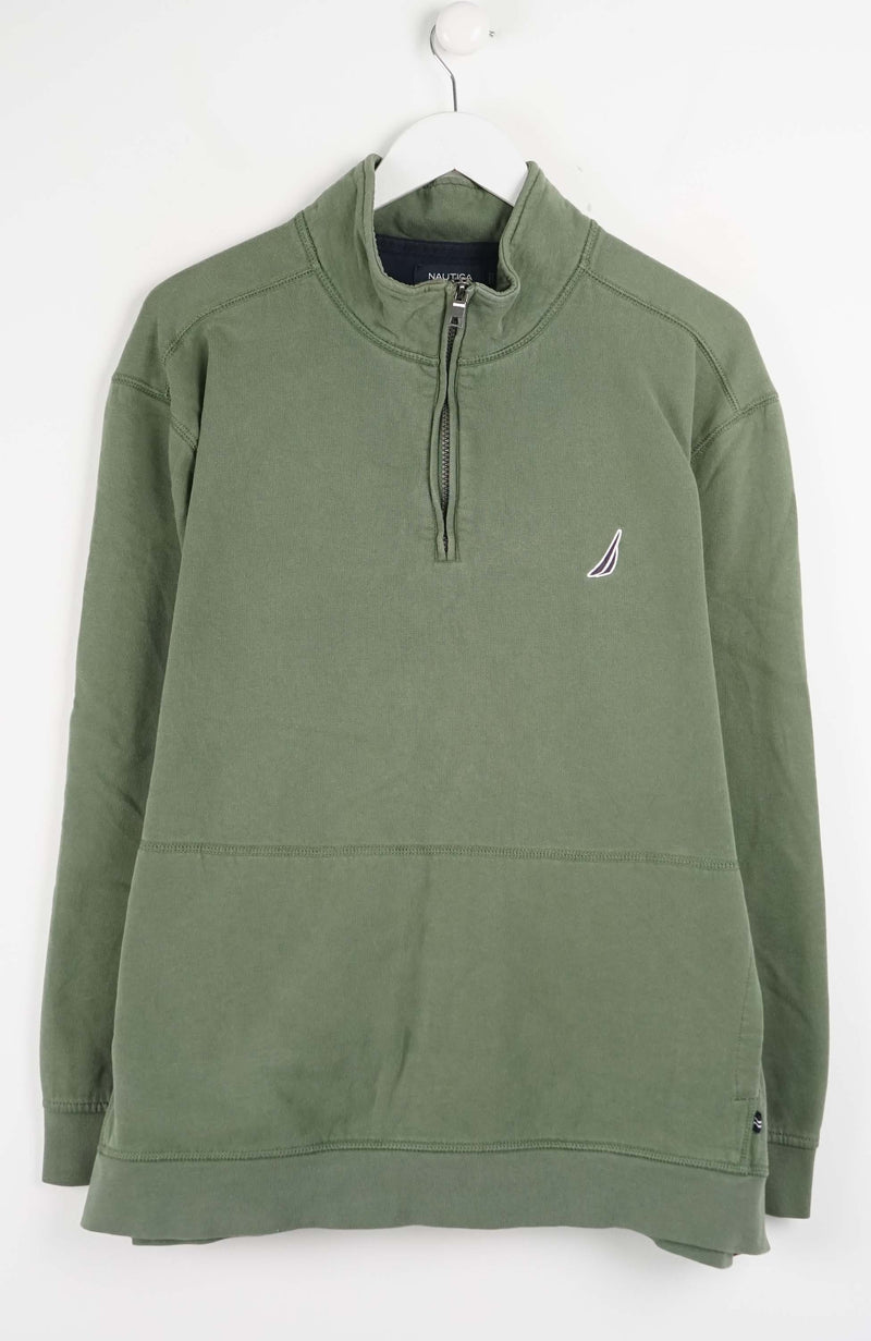 Green pullover with a small logo on a white background