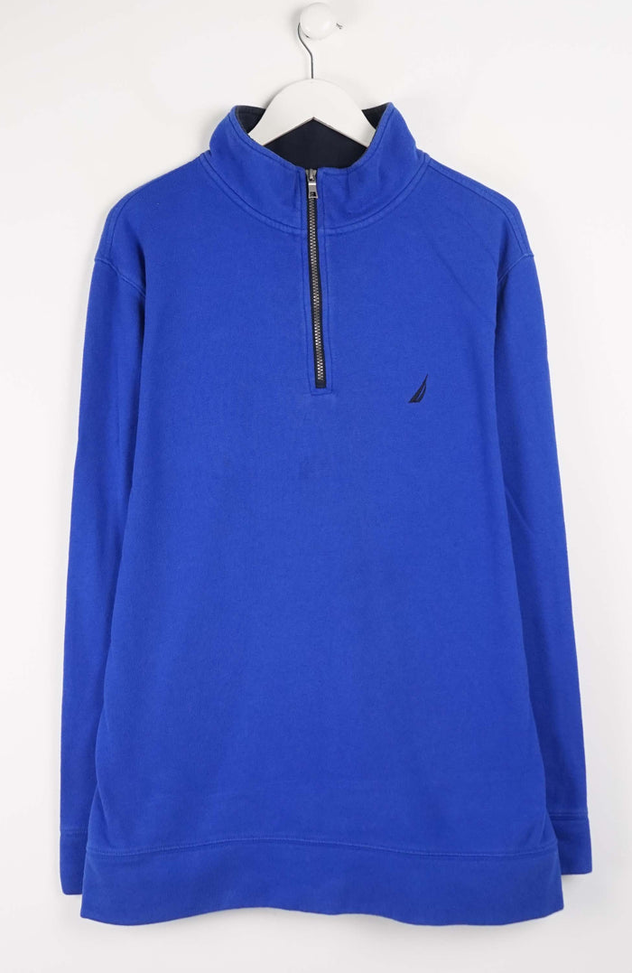 Blue pullover with a quarter zip on a white hanger