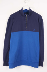 Blue and navy pullover with a brand logo on a white background