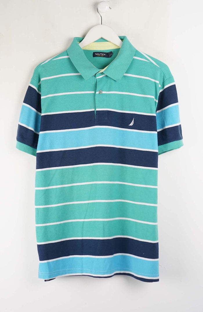 Striped polo shirt with blue and green horizontal stripes on a white hanger