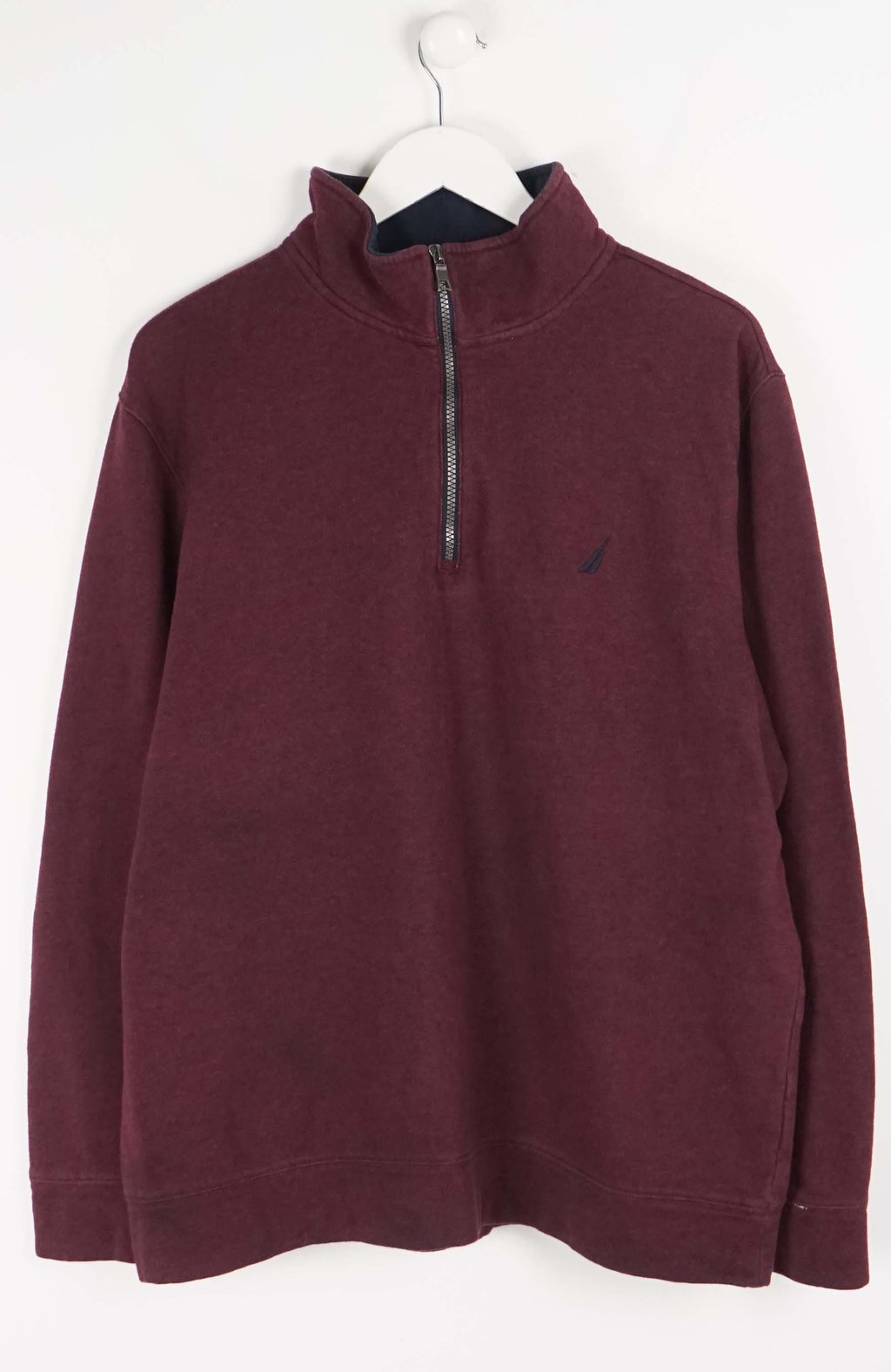 Maroon fleece pullover with a small logo on a white background
