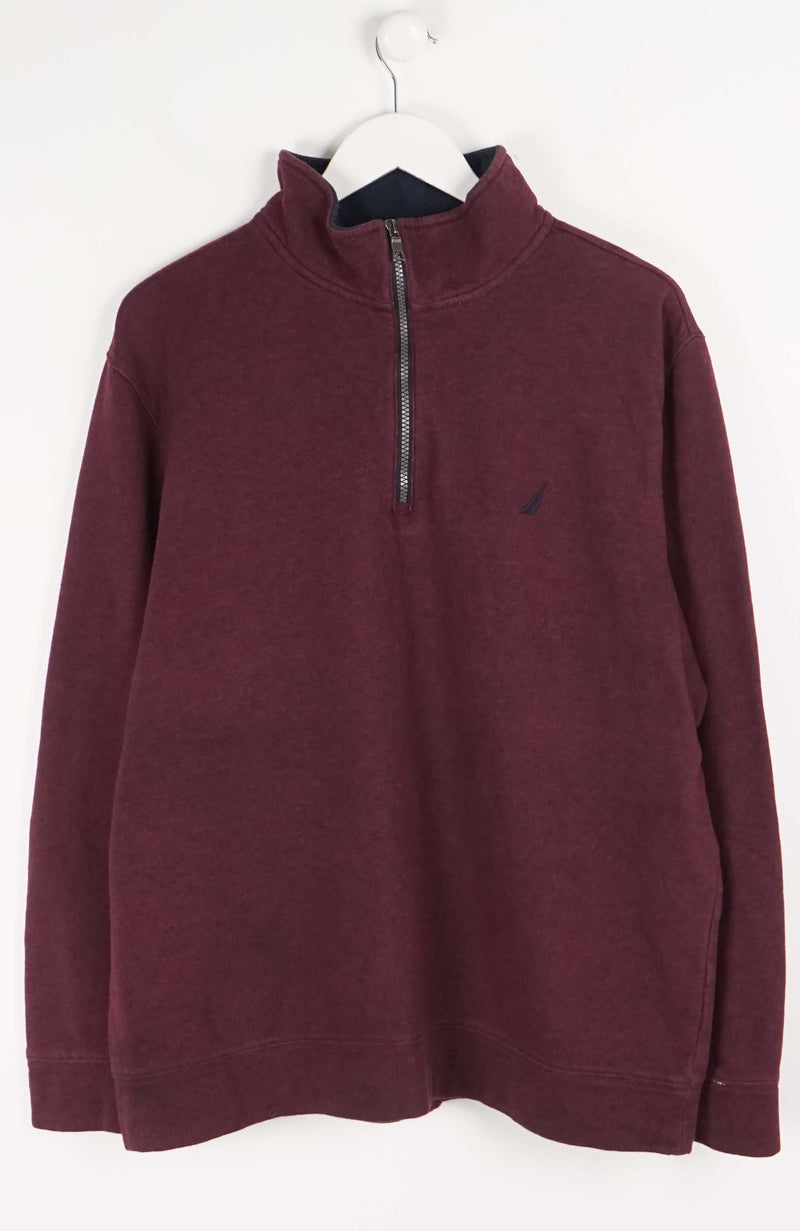 Maroon fleece pullover with a small logo on a white background