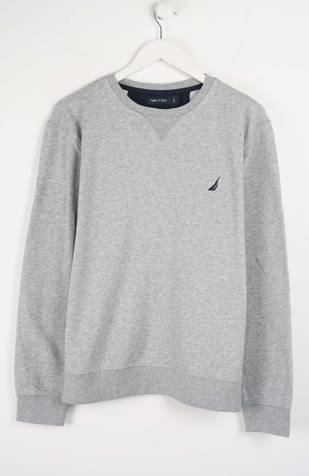 Gray sweatshirt with a brand logo on a white background