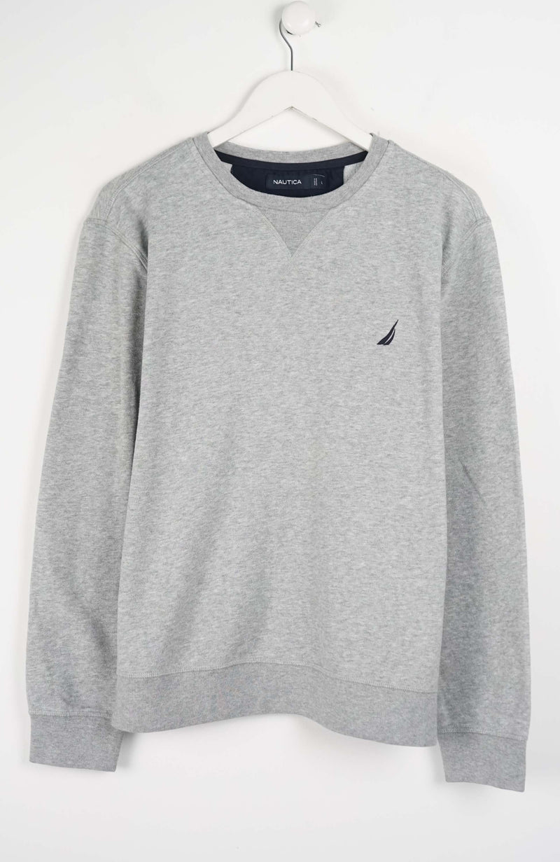 Gray sweatshirt with a brand logo on a white background