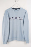 Light blue Nautica sweatshirt on a white hanger against a white background