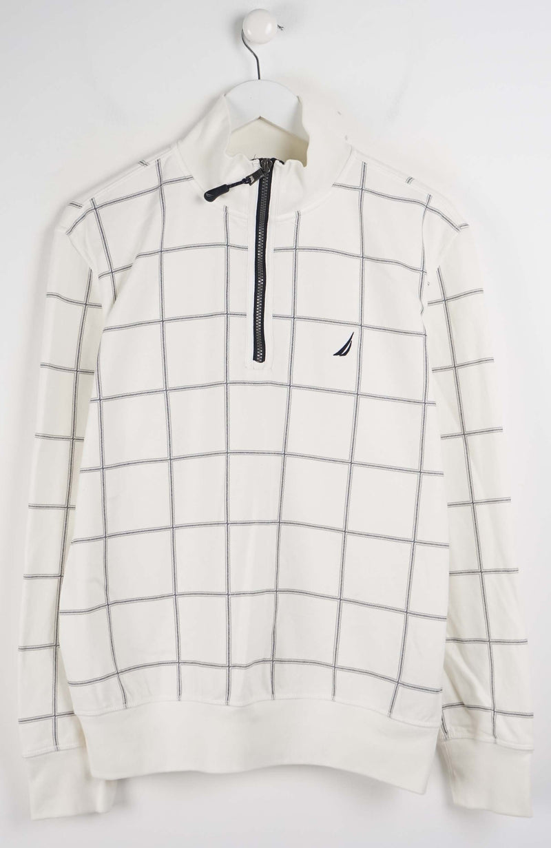 Grid-patterned hoodie on a hanger against a white background