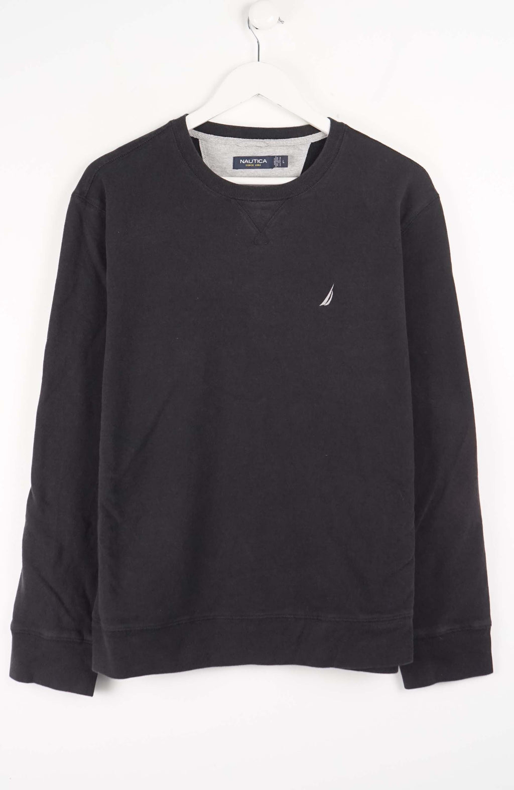 Black sweatshirt with a small logo on a white background
