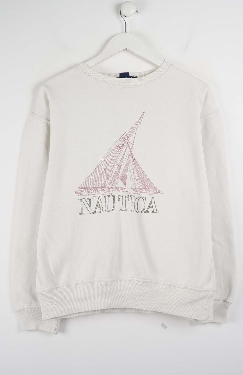 Beige Nautica sweatshirt with sailboat graphic on a white background
