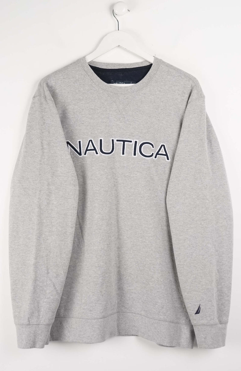 Gray Nautica sweatshirt on a white hanger against a white background
