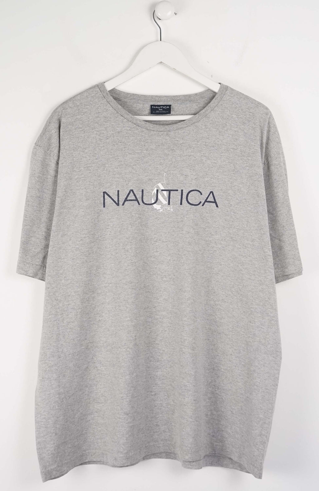 Gray t-shirt with Nautica logo on a white background
