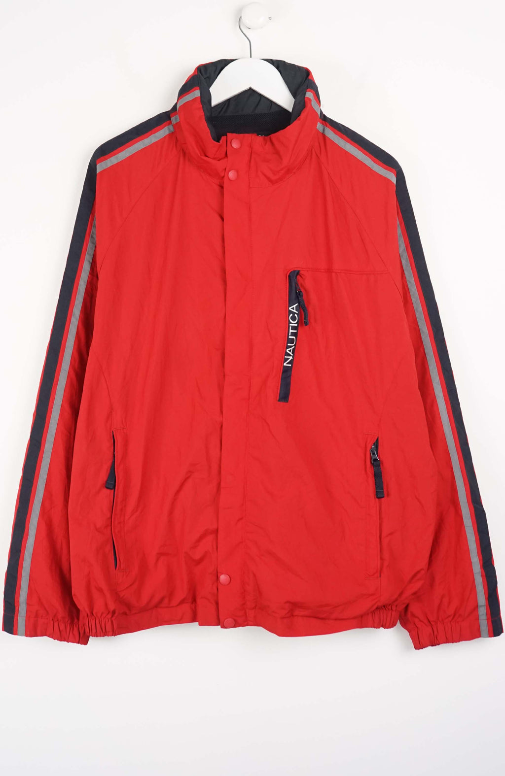 Red jacket with reflective stripes and a visible brand logo on a white background