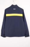 Navy blue jacket with a yellow stripe on a white background