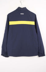 Navy blue jacket with a yellow stripe on a white background