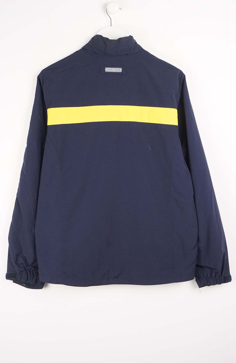 Navy blue jacket with a yellow stripe on a white background